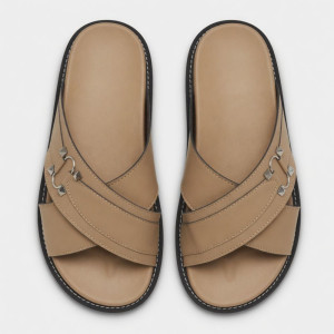 Classic Khaki Cross Strap Slide Sandals with Decorative Ring Accent